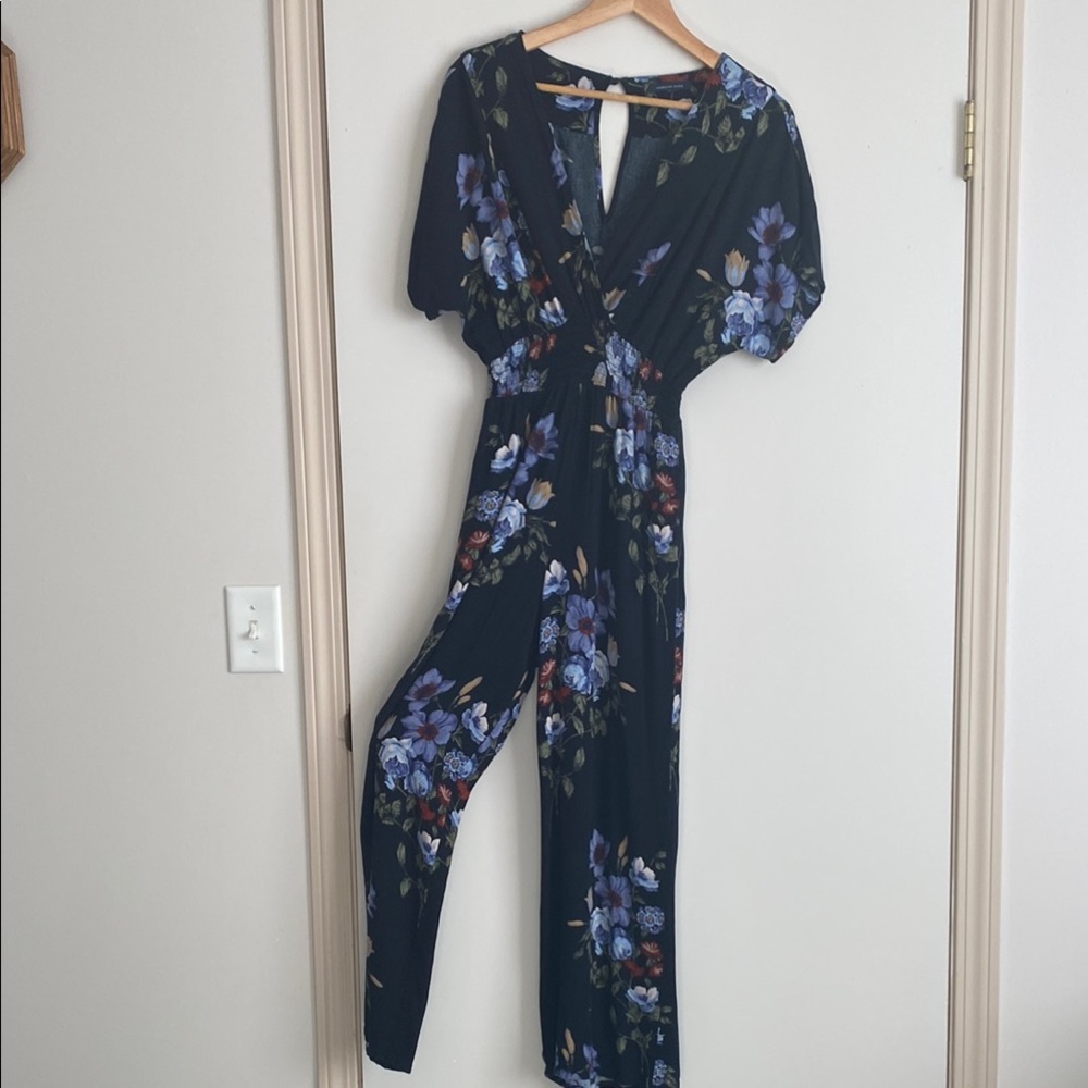 Black Floral Jumpsuit with Dolman Sleeves and V-Neck